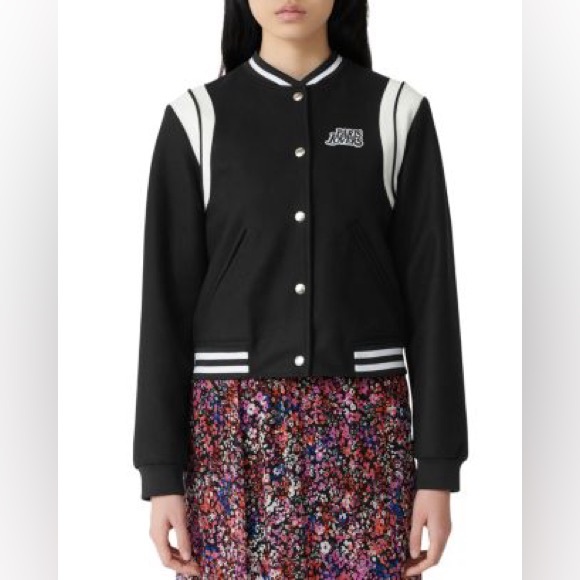 Maje Jackets & Blazers - Maje Paris Lovers Black Varsity Jacket with White Accents 40